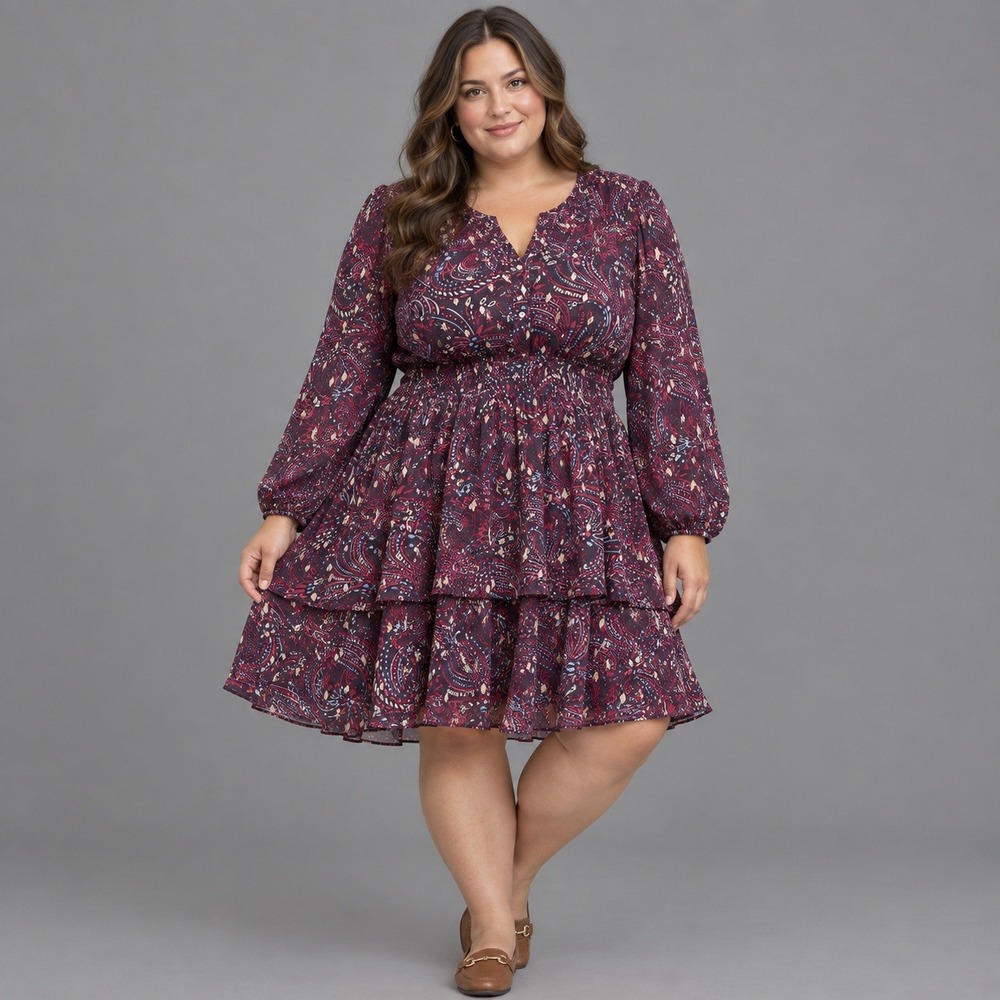 Torrid Dress Womens Size 3X Smocked Waist Mini Periscope Paisley Blouson Sleeve